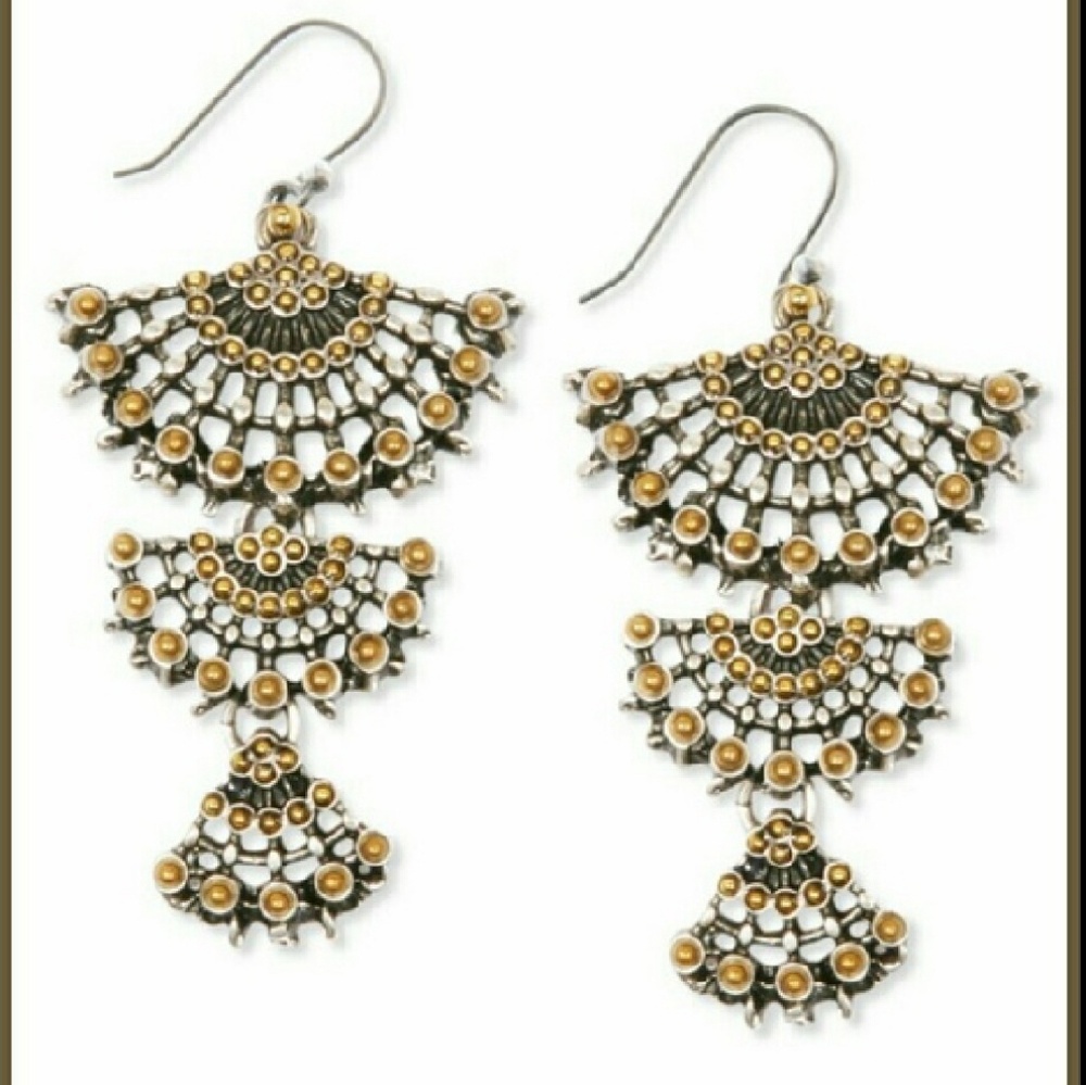 Lucky Brand Two tone Openwork Triple Drop Pendant Fan Earrings 2-1/4" L NWOT